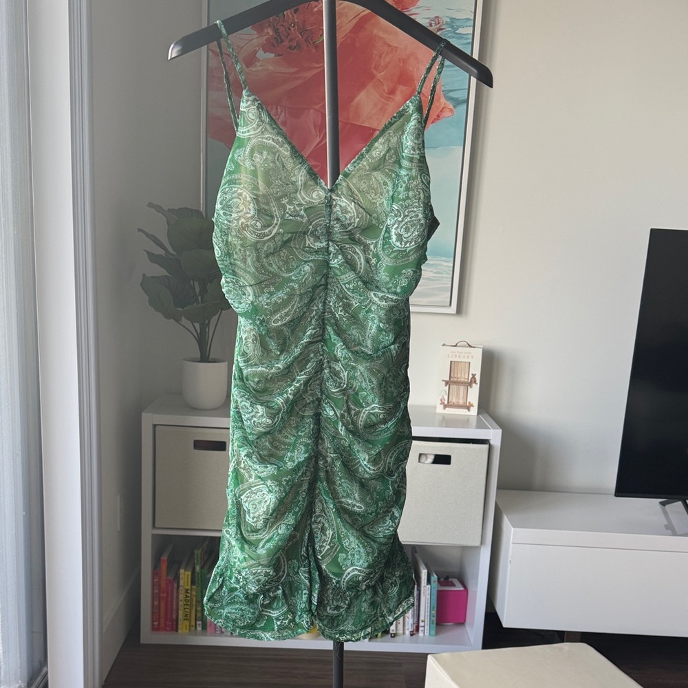 NSR Green Paisley Slip Dress with Ruched Detail